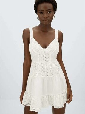 Stradivarius White Cotton Eyelet Tiered Mini Dress L